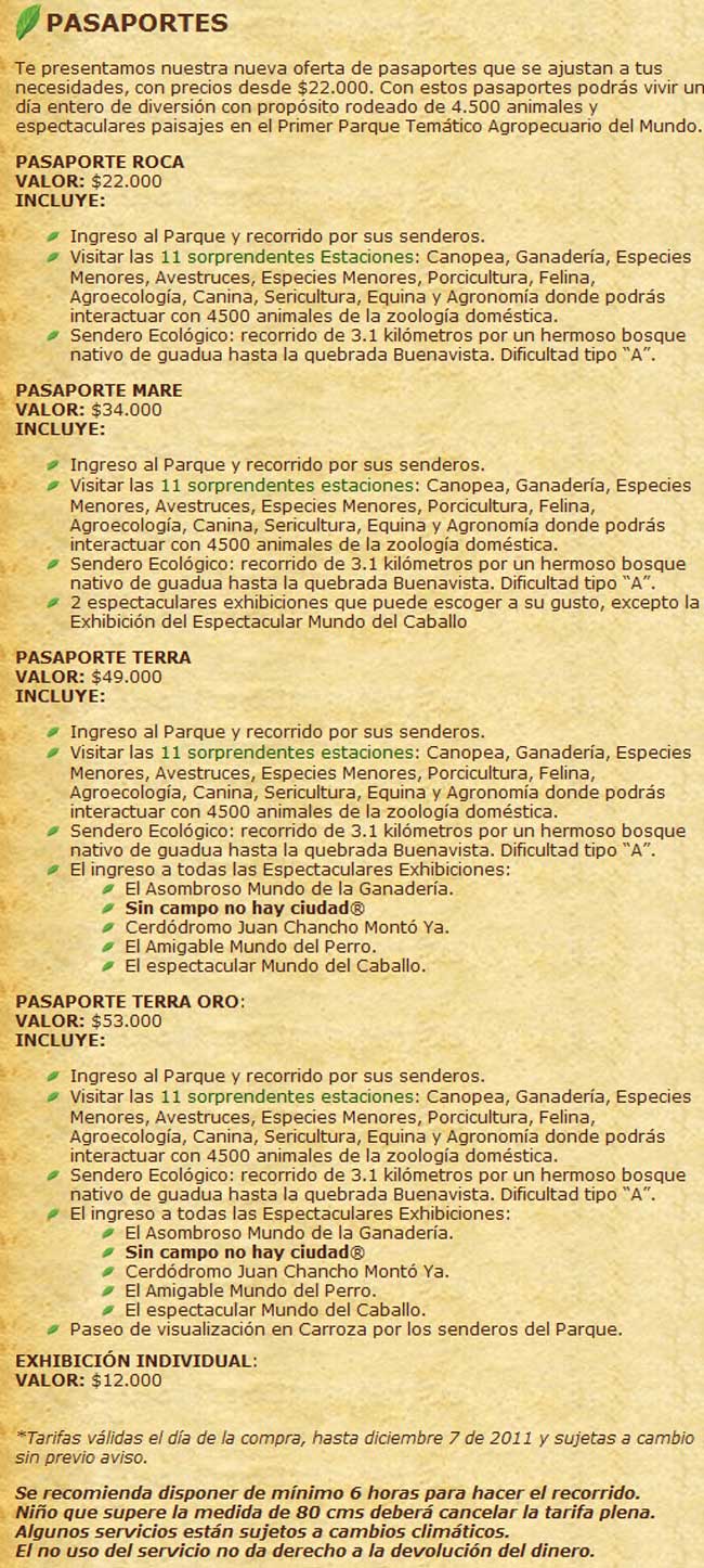 Tarifas Parque del Cafe